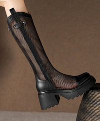 Summer Black Hollow Out Breathable Mesh Splicing Chunky Heel Boots