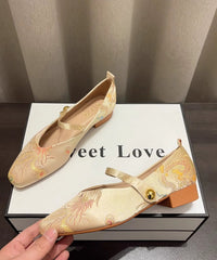 Yellow Embroidery Buckle Strap New Chunky Heel Shoes