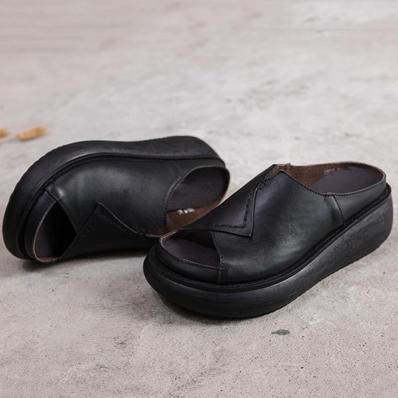 Sewing Platform Casual Leather Slippers