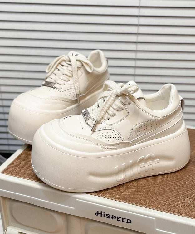 Casual Lace Up Splicing Platform Shoes Beige Cowhide Leather