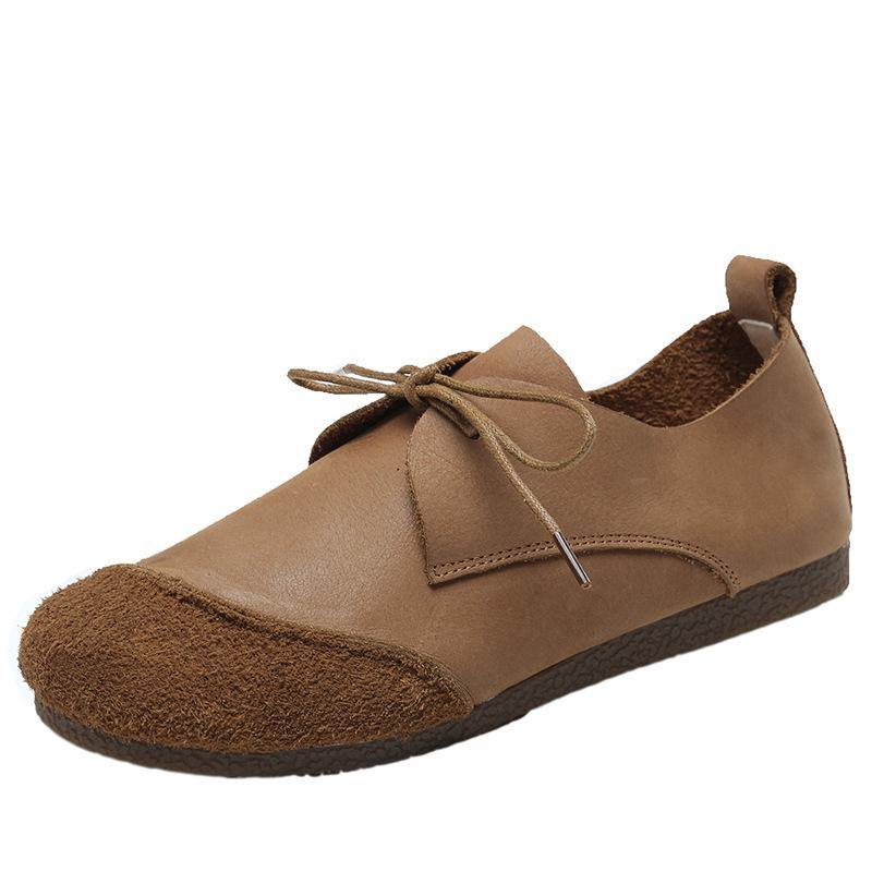 Khaki Genuine Leather Flat Shoes For Lace Up Splicing Flat Shoes