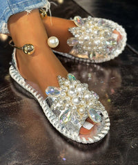 Silver Faux Leather Hiking Sandals Stylish Splicing Nail Bead Zircon