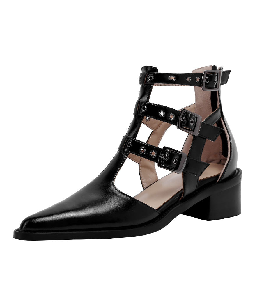 Pointed Toe Zippered Splicing Chunky Sandals Black Cowhide Leather