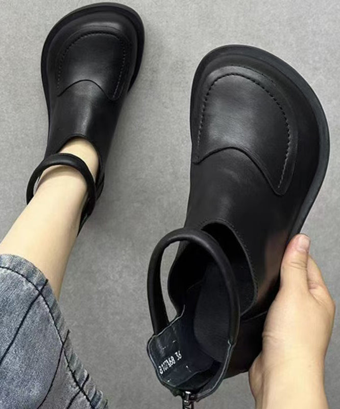 Retro Comfy Black Cowhide Leather Splicing Boots