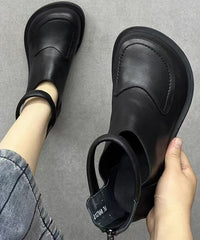 Retro Comfy Black Cowhide Leather Splicing Boots
