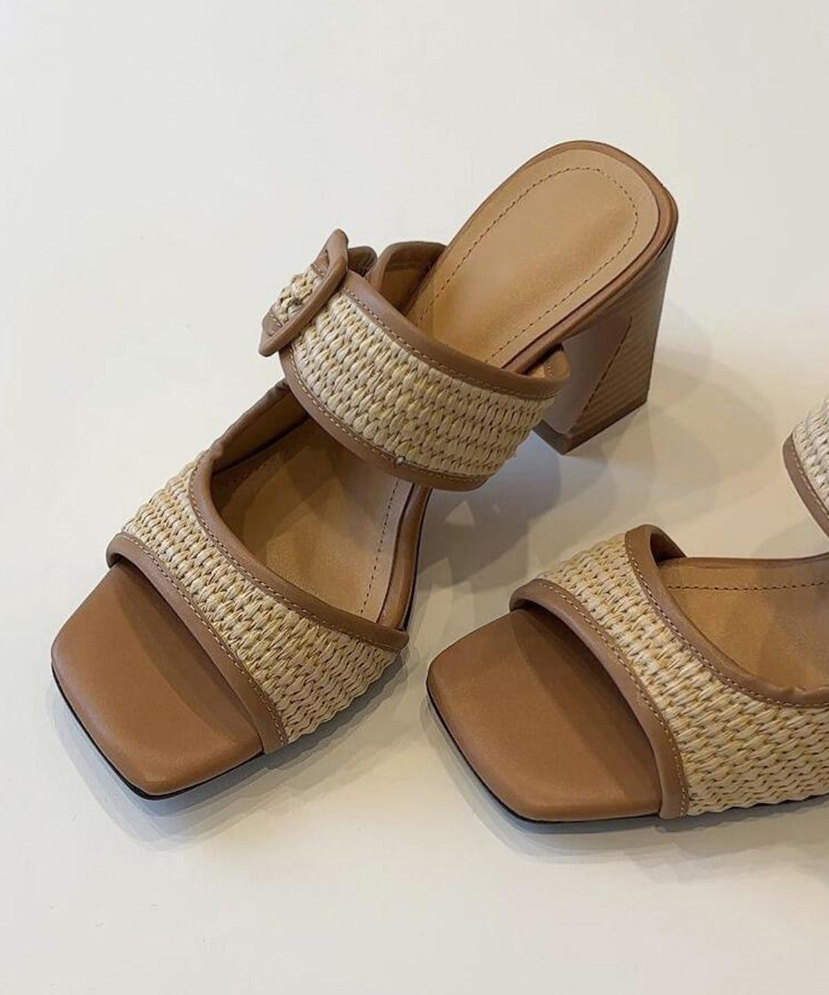 Chic Splicing Chunky Heel Brown Faux Leather Slide Sandals