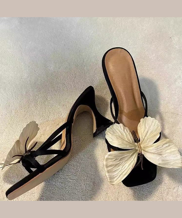 New Bow Flower Square Toe High Heels Slide Sandals