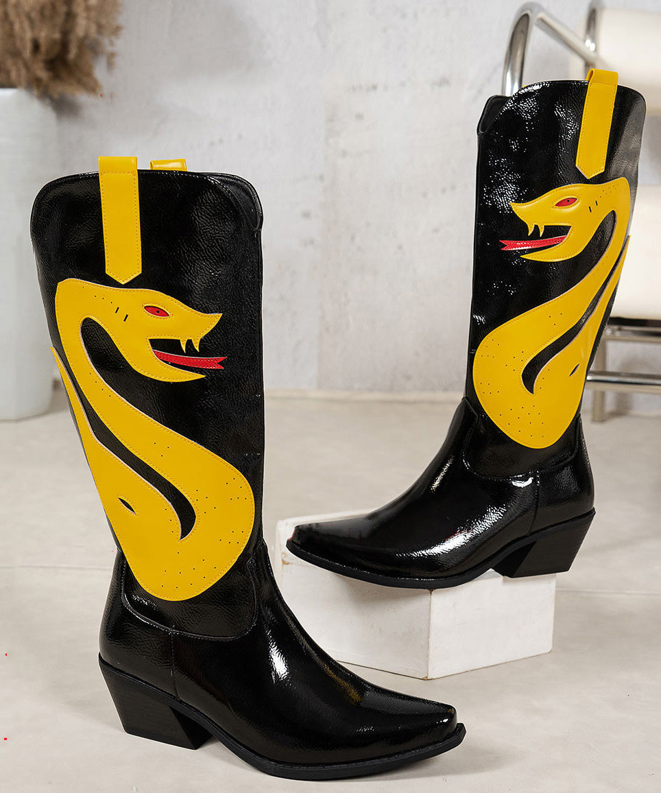 Chic Black Boots Chunky Faux Leather Splicing Pointed Toe