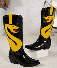 Chic Black Boots Chunky Faux Leather Splicing Pointed Toe