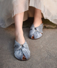 Comfortable Splicing Hollow Out Grey Cowhide Leather Slide Sandals