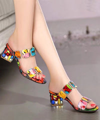 Multi Color Splicing Chunky Heel Peep Toe Slide Sandals