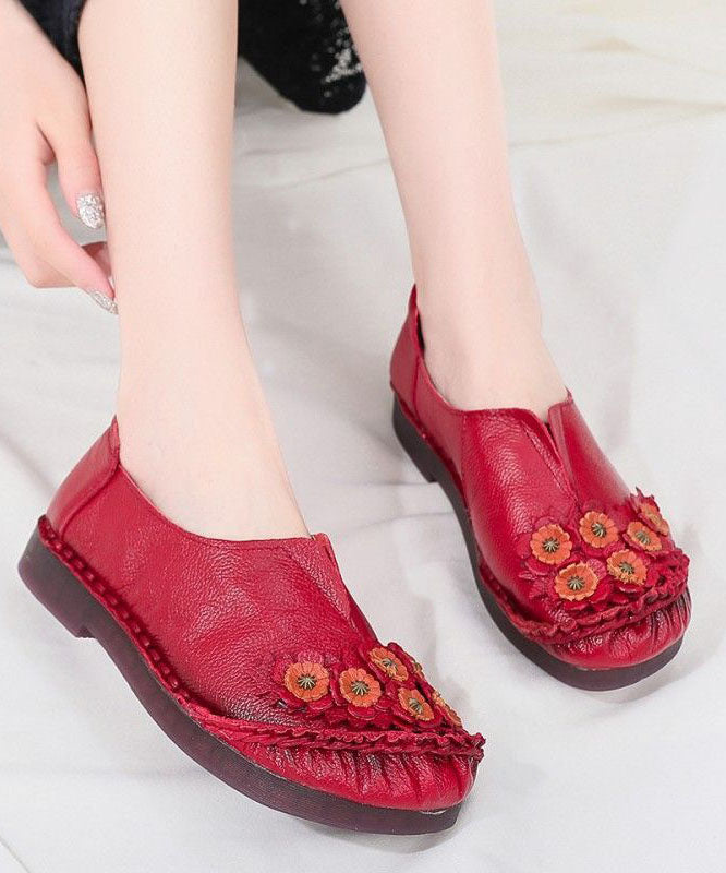Unique Splicing Flat Shoes For Red Floral Cowhide Leather