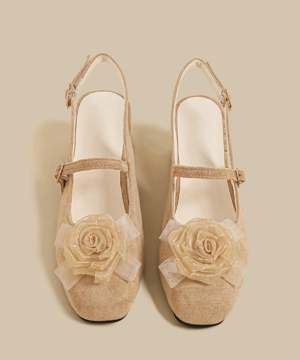 Floral Splicing Chunky Sandals Apricot Suede