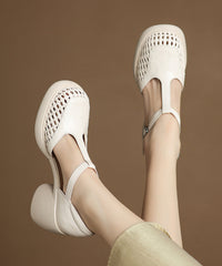 Black Sheepskin Hollow Out Buckle Strap Splicing Chunky Heel Sandals