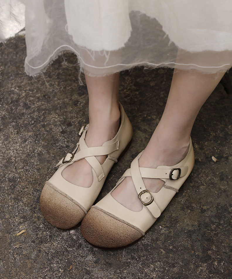 Boutique Cross Strap Splicing Flat Shoes Grey Cowhide Leather