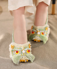 Green Cotton Fabric Flat Shoes Splicing Tassel Nail Bead