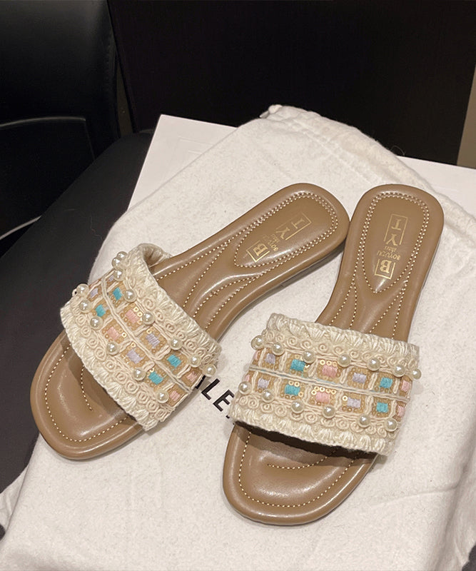 Black Faux Leather Splicing Slide Sandals Peep Toe Nail Bead