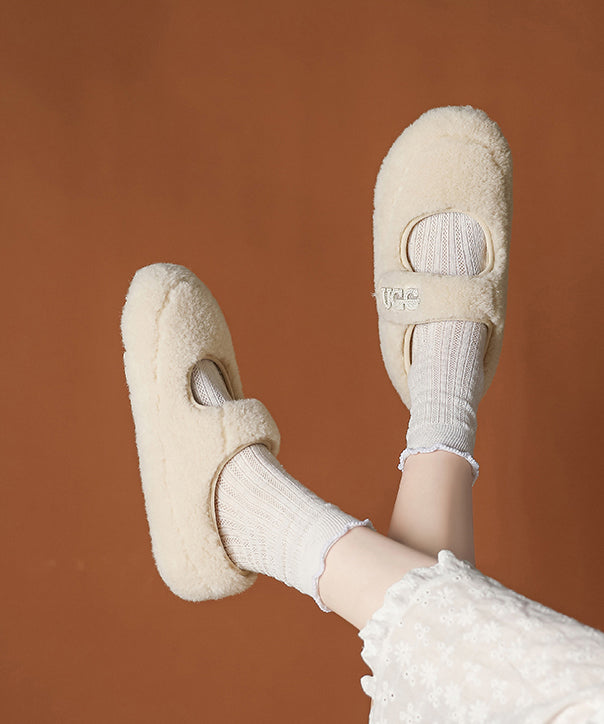 Beige Faux Fur Splicing Flat Shoes Fuzzy Wool Lined