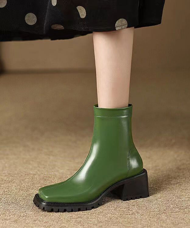 Army Green Zippered Chunky Heel Boots Sheepskin