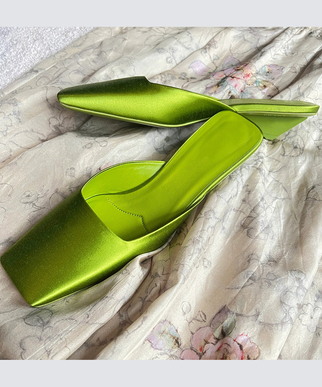French Satin Fluorescent Green Slide Sandals