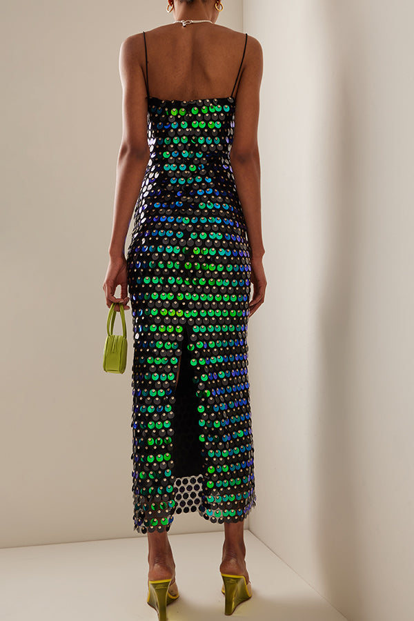Sequined Halter-neck Backless Slim Fit Slit Midi Dress