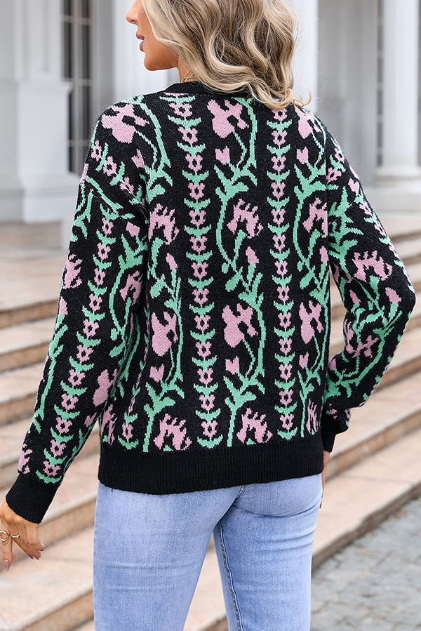 Floral Knitted Crew Neck Casual Sweater