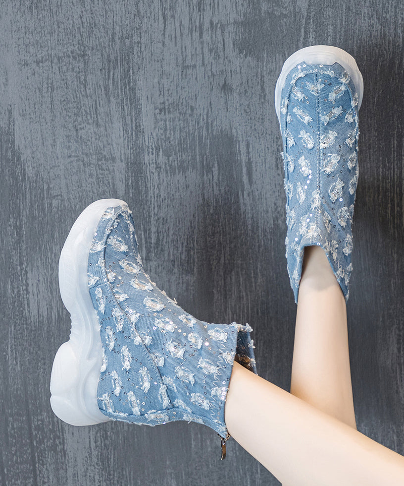 Baby Blue Cowboy Splicing Hollow Out Sequin Wedge High Wedge Heels Shoes