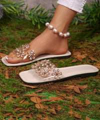Women Beige Slide Sandals Peep Toe Floral Zircon