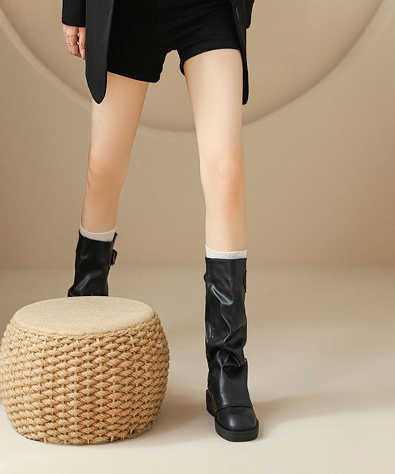 Brown Cowhide Leather Wrinkled Splicing Platform Boots