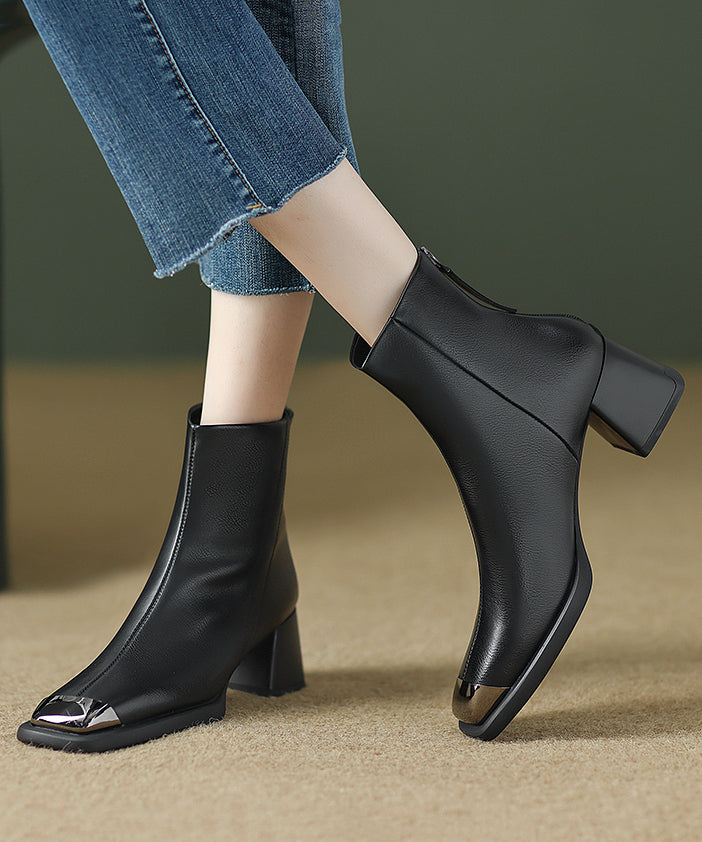 Zippered Splicing Elegant Chunky Boots Brown Cowhide Leather