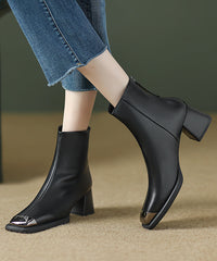 Zippered Splicing Elegant Chunky Boots Brown Cowhide Leather