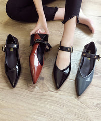 Black Flat Feet Shoes Faux Leather Splicing Buckle Strap
