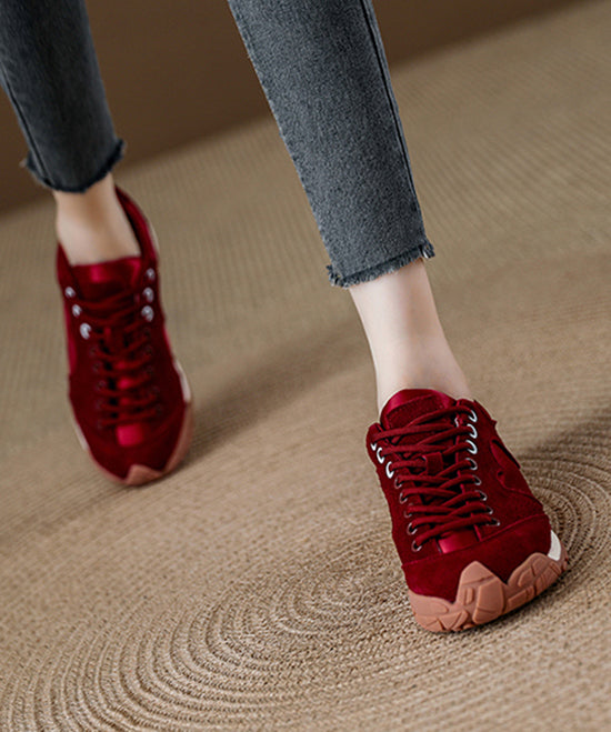 Red Lace Up Platform Suede Splicing Flats
