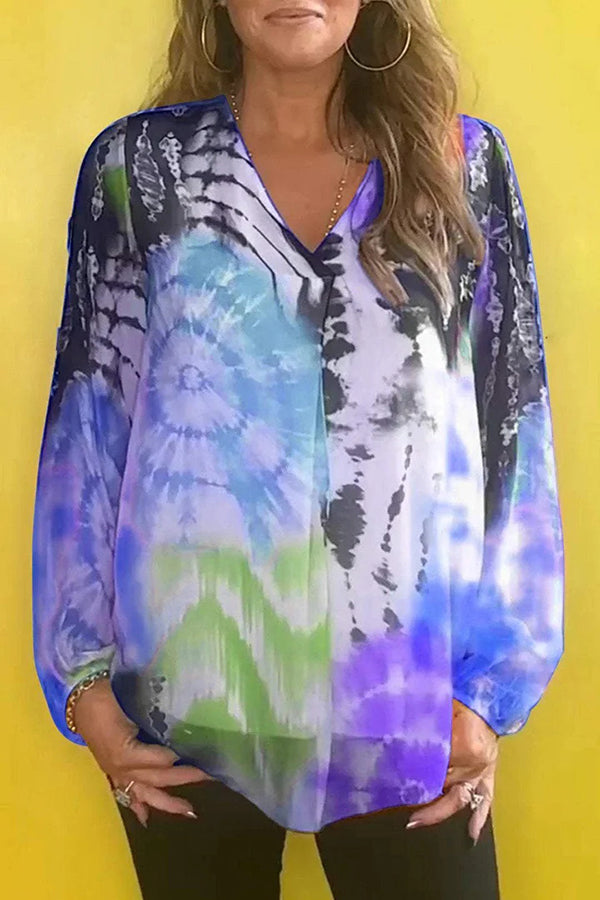 Gradient Tie-dye V-neck Long-sleeved Casual Shirt