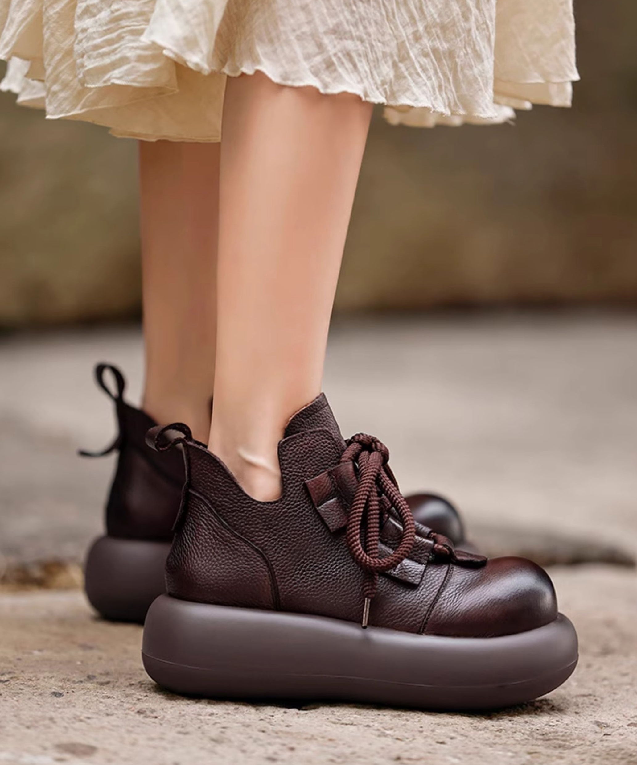 Coffee Platform Cowhide Leather Boho Splicing Boots Lace Up