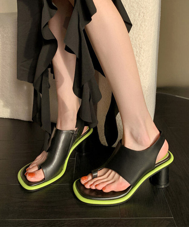 Black Chunky Heel Cowhide Leather Toe Covering Sandals