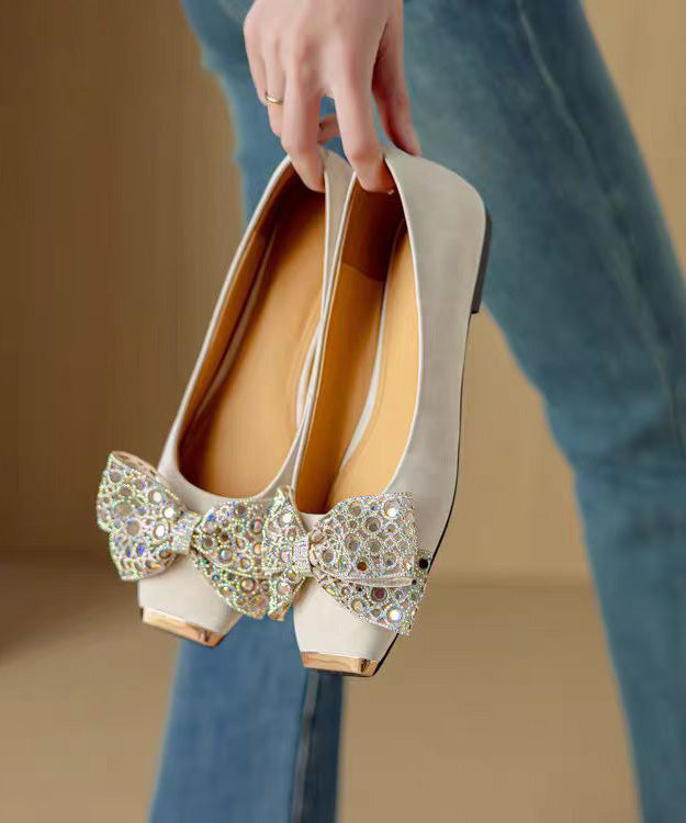French Grey Suede Bow Zircon Splicing Flat Shoes For Women