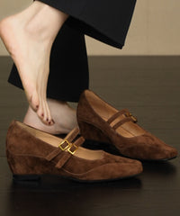 Brown Wedge Heels Shoes Suede New Splicing Buckle Strap
