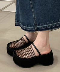 Stylish Splicing Platform Black Breathable Mesh Slide Sandals