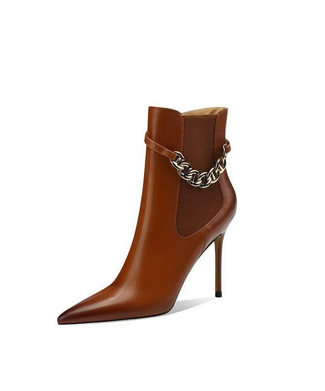 Classy Splicing Stiletto Boots Brown Faux Leather Pointed Toe