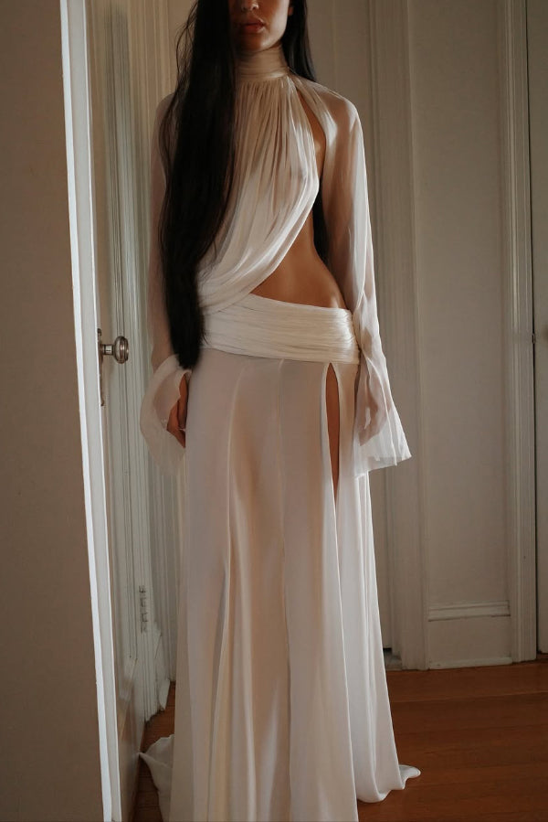 See-through High-neck Long-sleeved Draped Top and High-waisted Slit Maxi Skirt Vacation Set