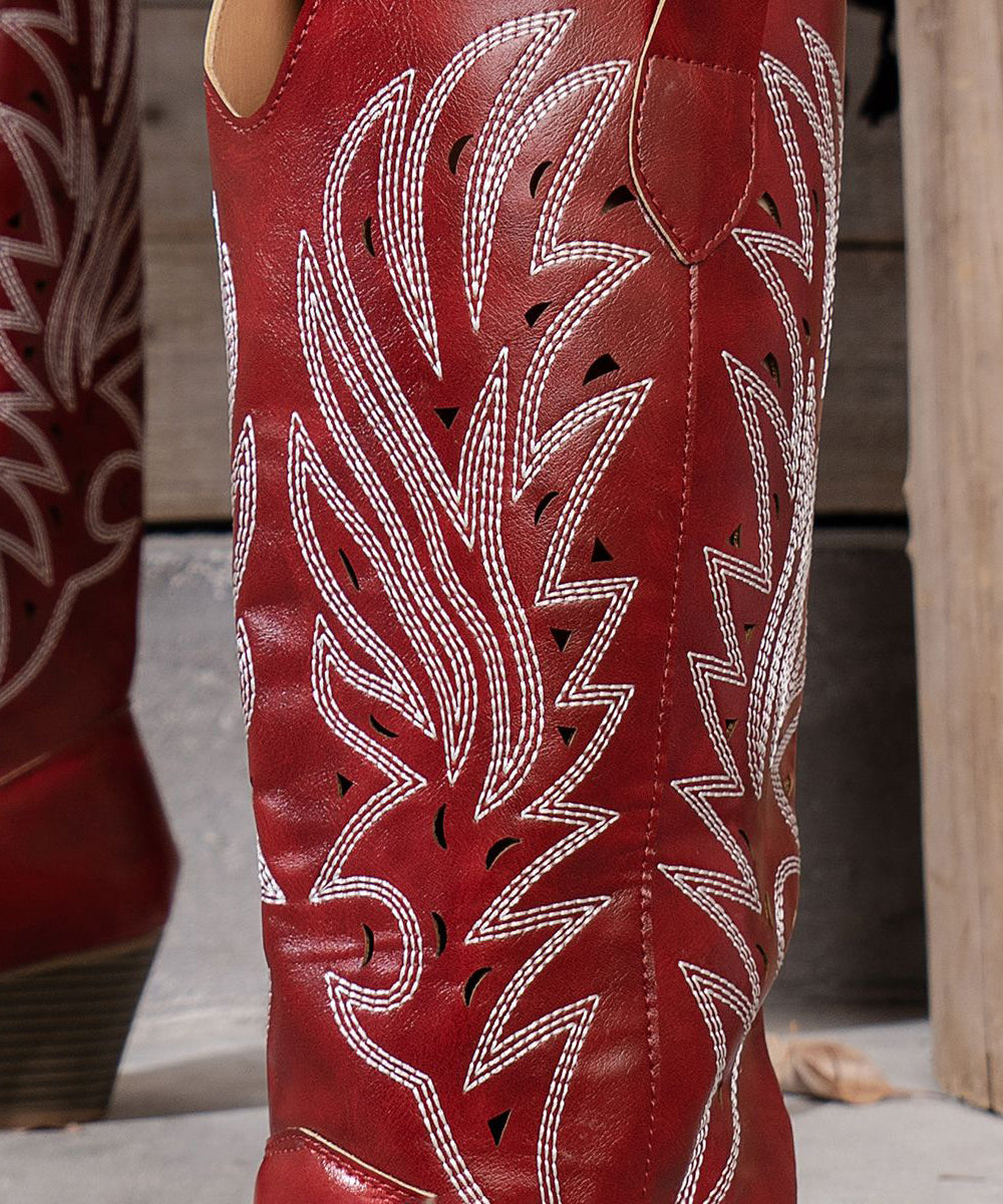 Red Embossed Hollow Out Faux Leather Chunky Thigh Boots