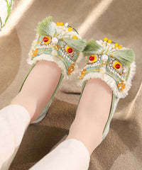 Green Cotton Fabric Flat Shoes Splicing Tassel Nail Bead