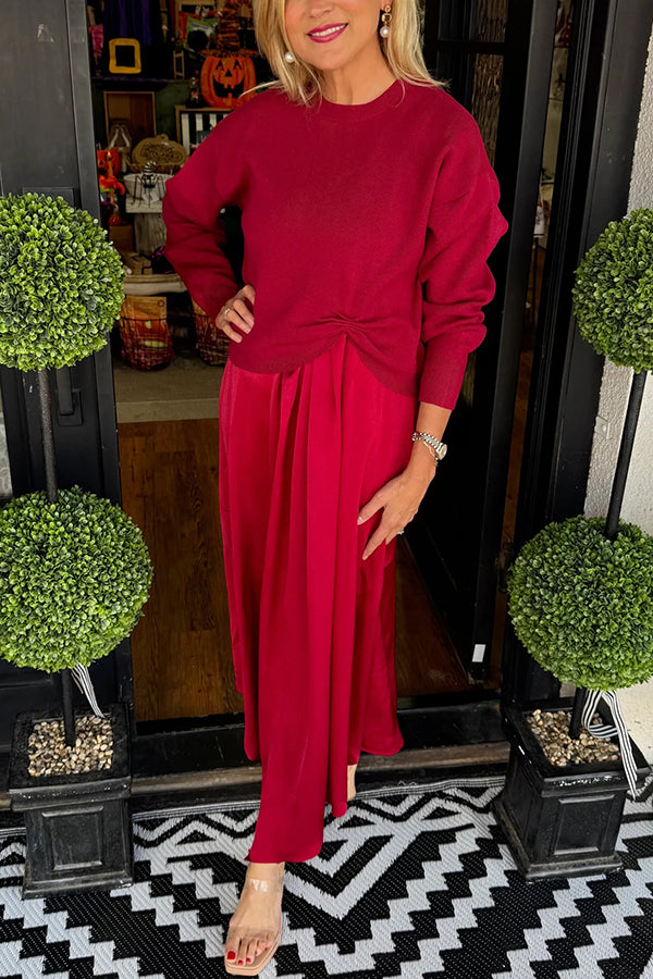 Practical Knit Ruched Sweater and Satin Stretch Tank Midi Dress Two-piece Set