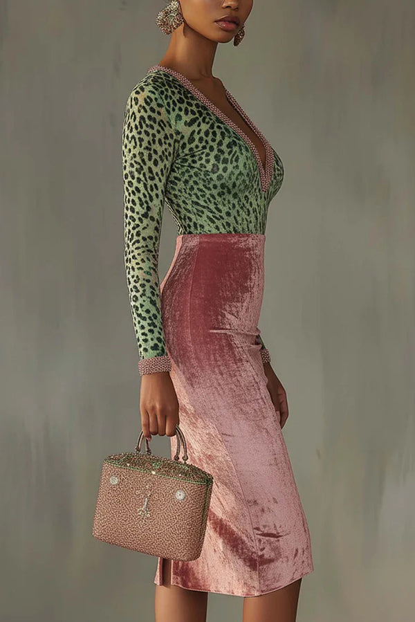 Velvet Patchwork Stretch Slim Midi Dress