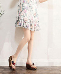 Brown Splicing Floral Holiday Thong Sandals Platform