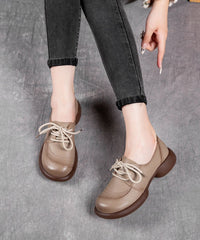 Brown Cowhide Leather Lace Up Splicing Flat Shoes For Women
