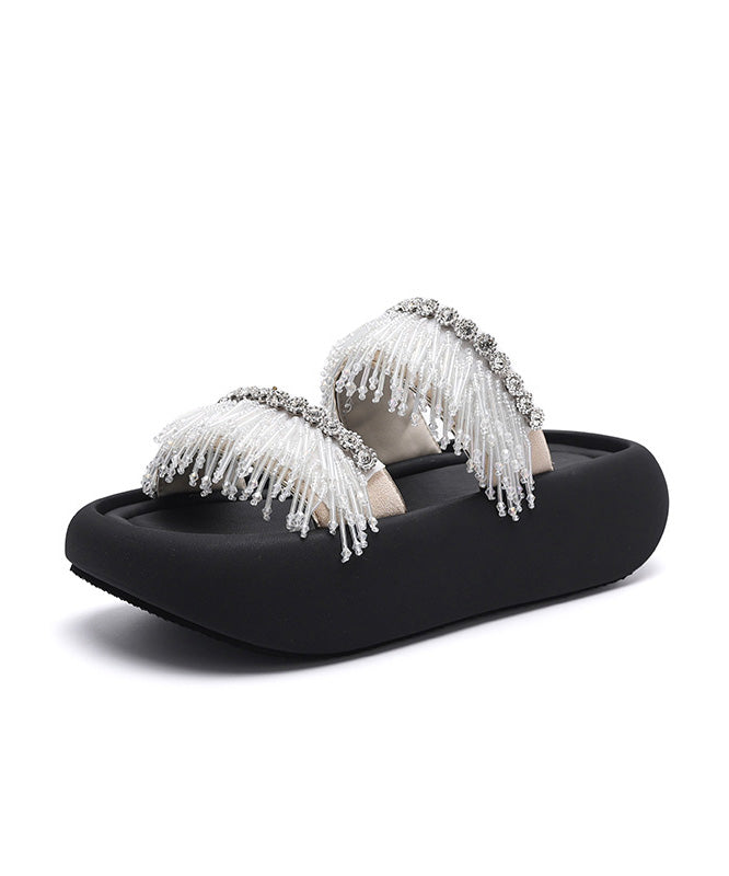 Black Tassel Splicing Platform Slide Sandals Peep Toe