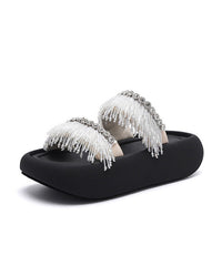 Black Tassel Splicing Platform Slide Sandals Peep Toe