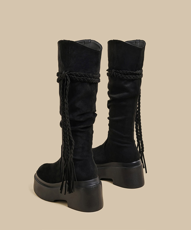 Brown Wrinkled Tassel Splicing Platform Boots